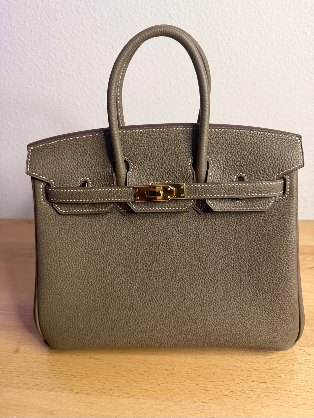 H Birkin 25 Togo leather Etoupe GHW contrast stitching handmade 18K plated